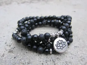 108 Bead Mala Bracelet, Black Onyx, Black Lava, Lotus Mala Necklace for Him/Her