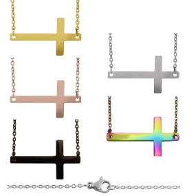 18K PVD Coated Stainless Steel Horizontal Cross Pendant Necklace / SBB0285