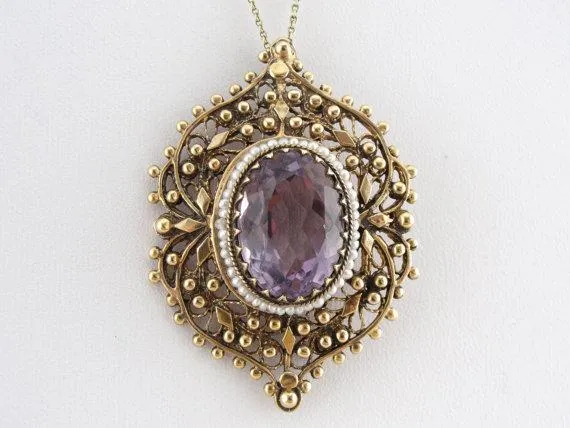 Amethyst in Seed Pearl and Filigree Frame, Pin or Pendant