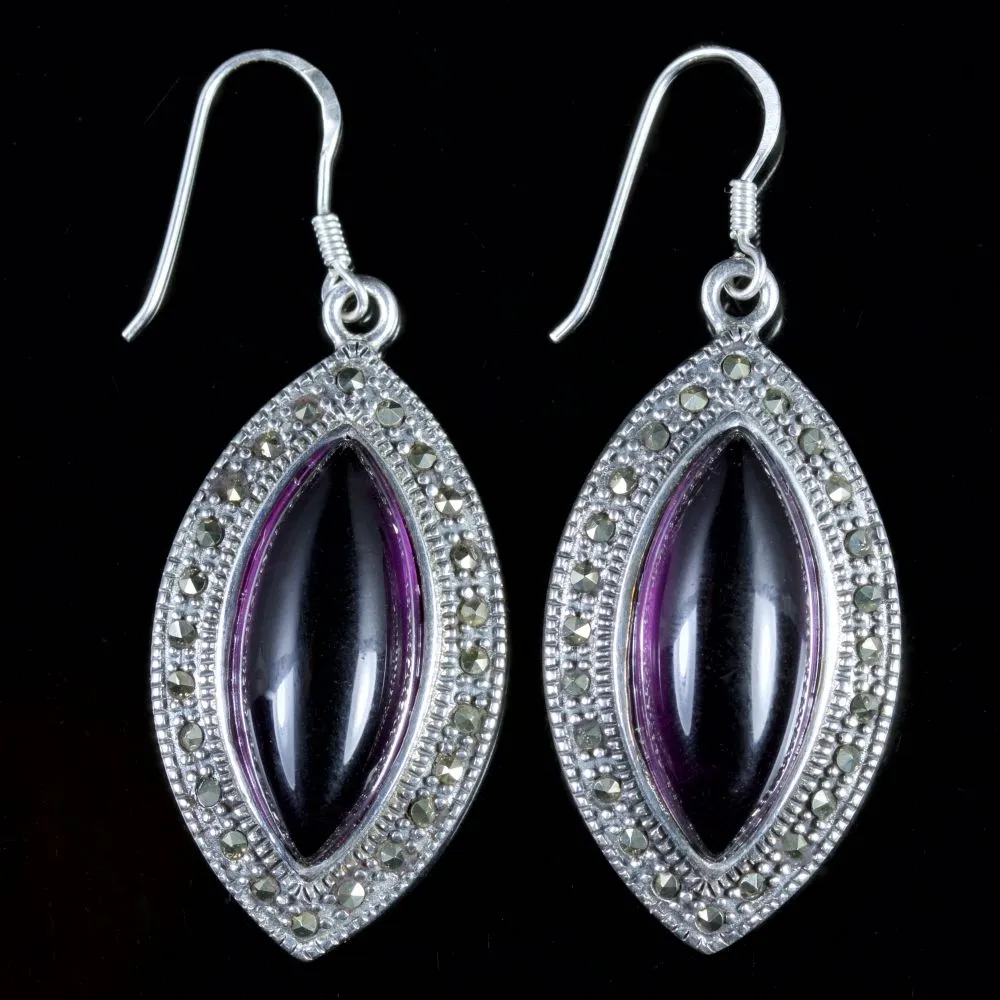 Amethyst Marcasite Long Earrings Sterling Silver