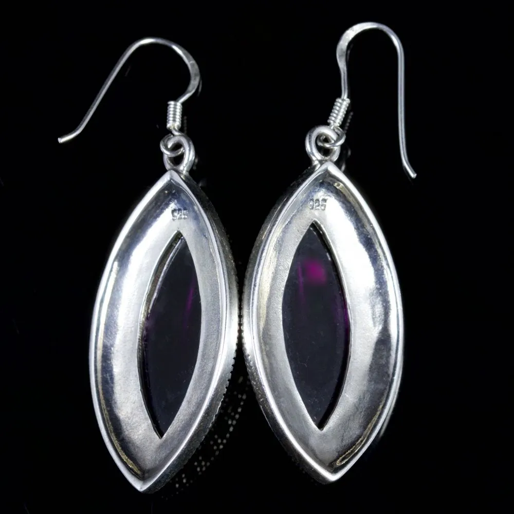 Amethyst Marcasite Long Earrings Sterling Silver