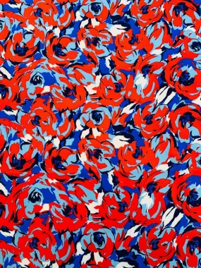 Art Collector Floral Printed Fused Silk Charmeuse - Vibrant Red / Sky Blue / Navy / White