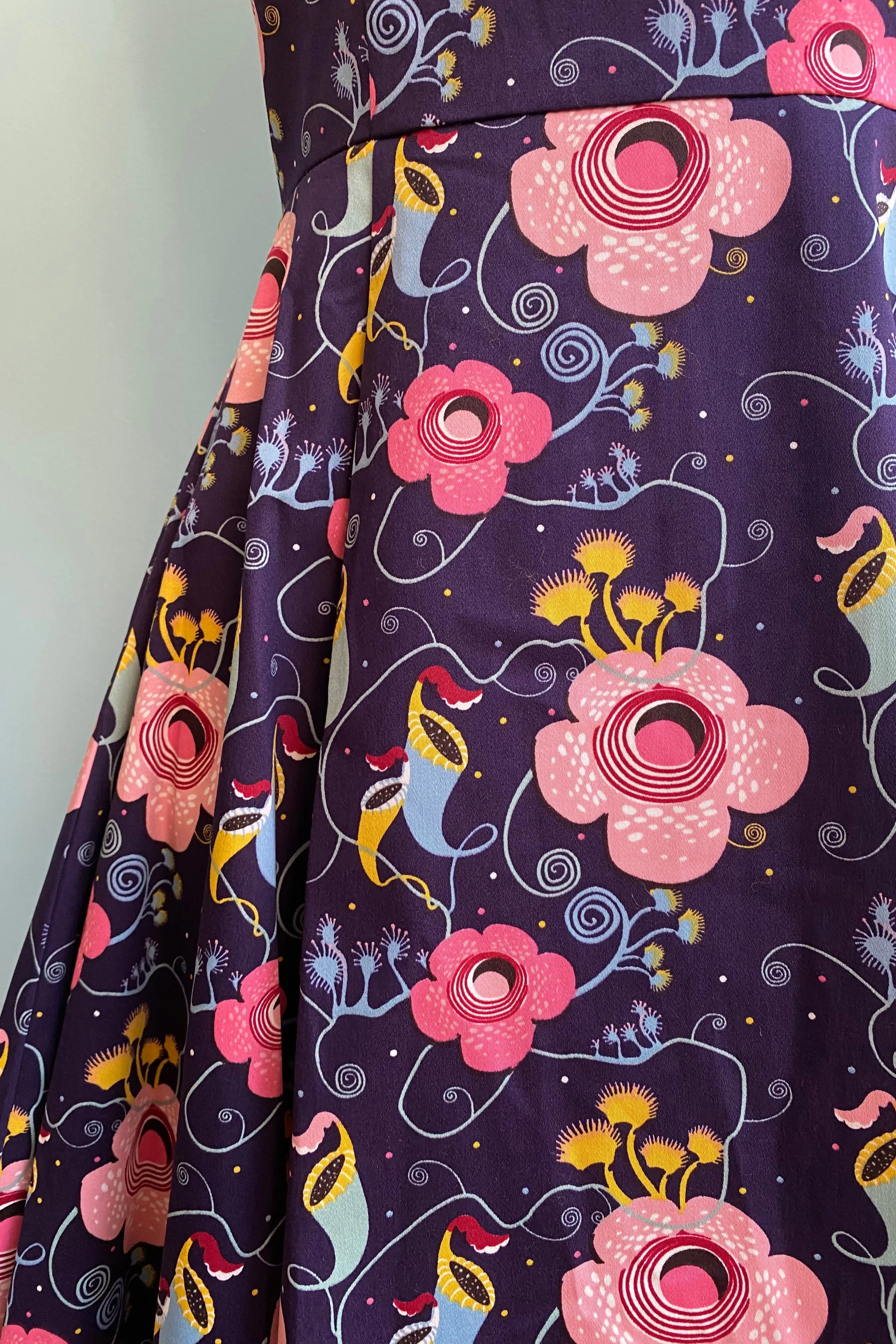 Carnivorous Plants V-Neck Dress in Navy by Eva Rose