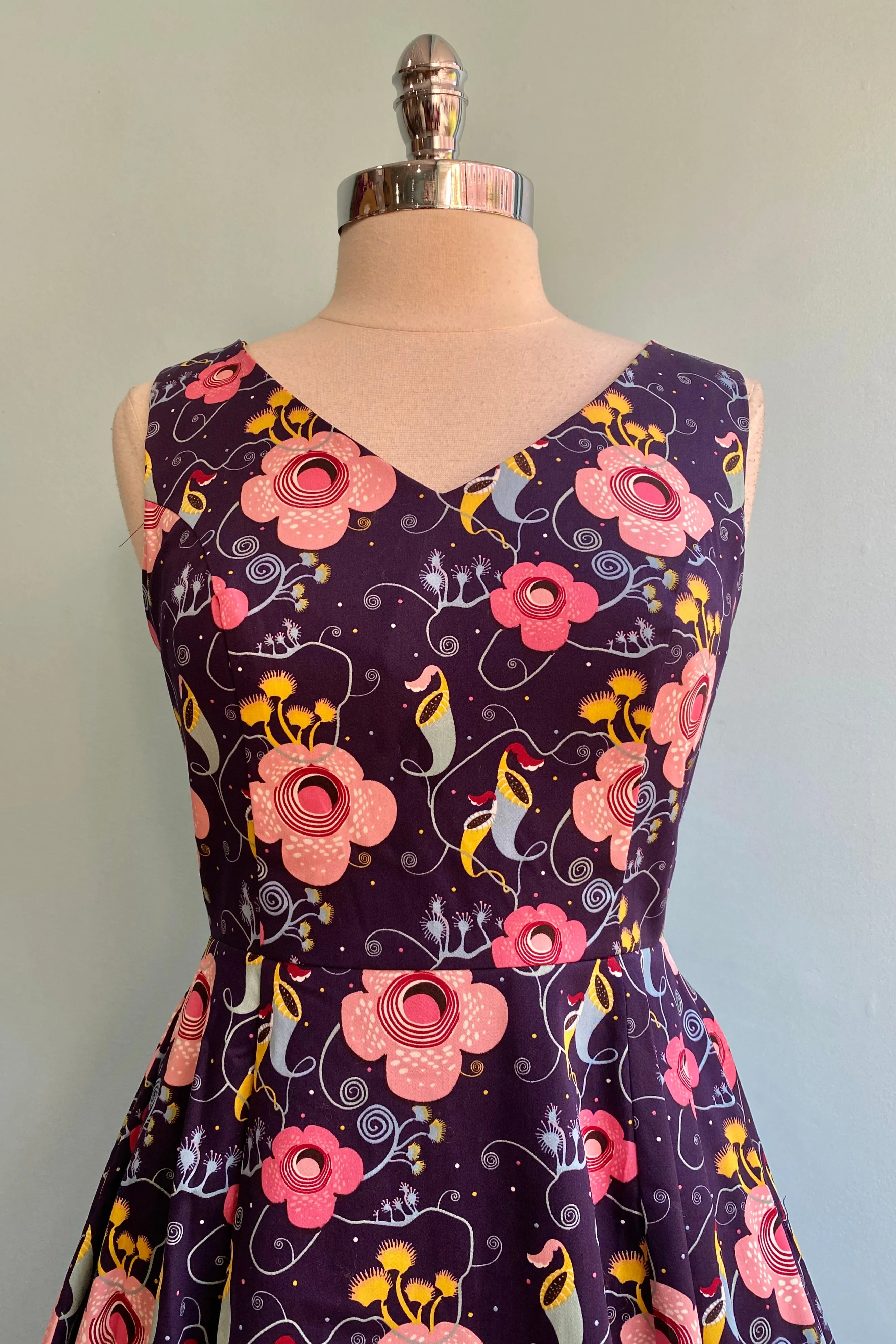 Carnivorous Plants V-Neck Dress in Navy by Eva Rose