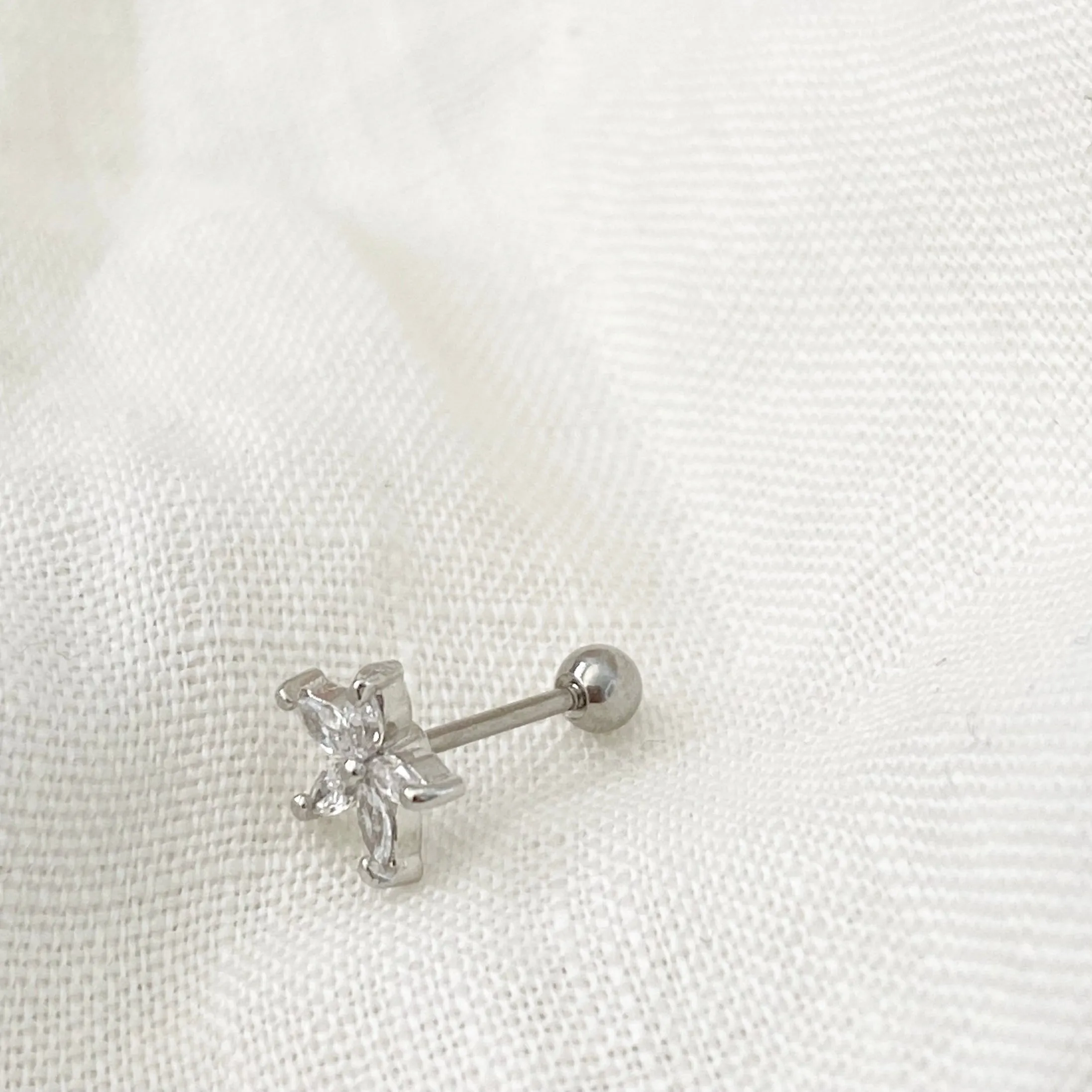 Crystal Bloom Barbell Earring - Silver