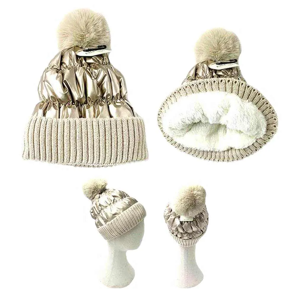 Fleece Lining Puffer Knit Pom Pom Beanie Hat