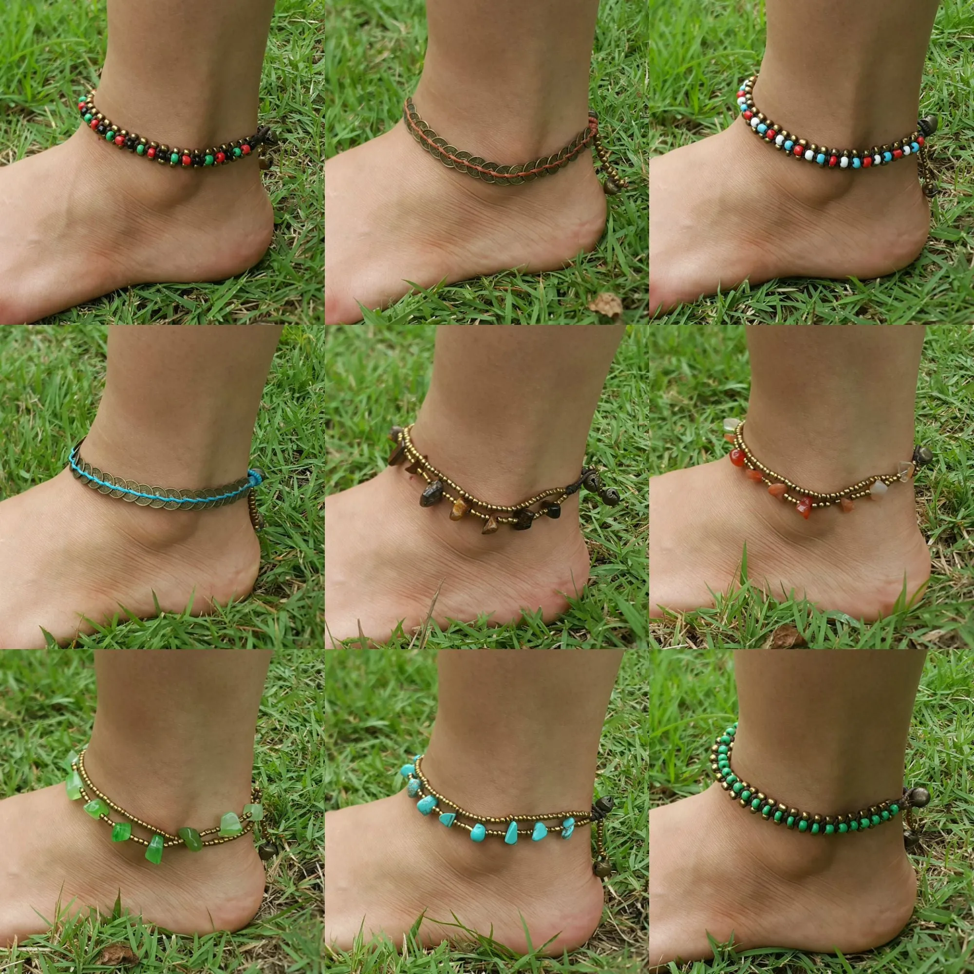 Hand Made Fair Trade Anklet Double Strand Brass Beads Malachite