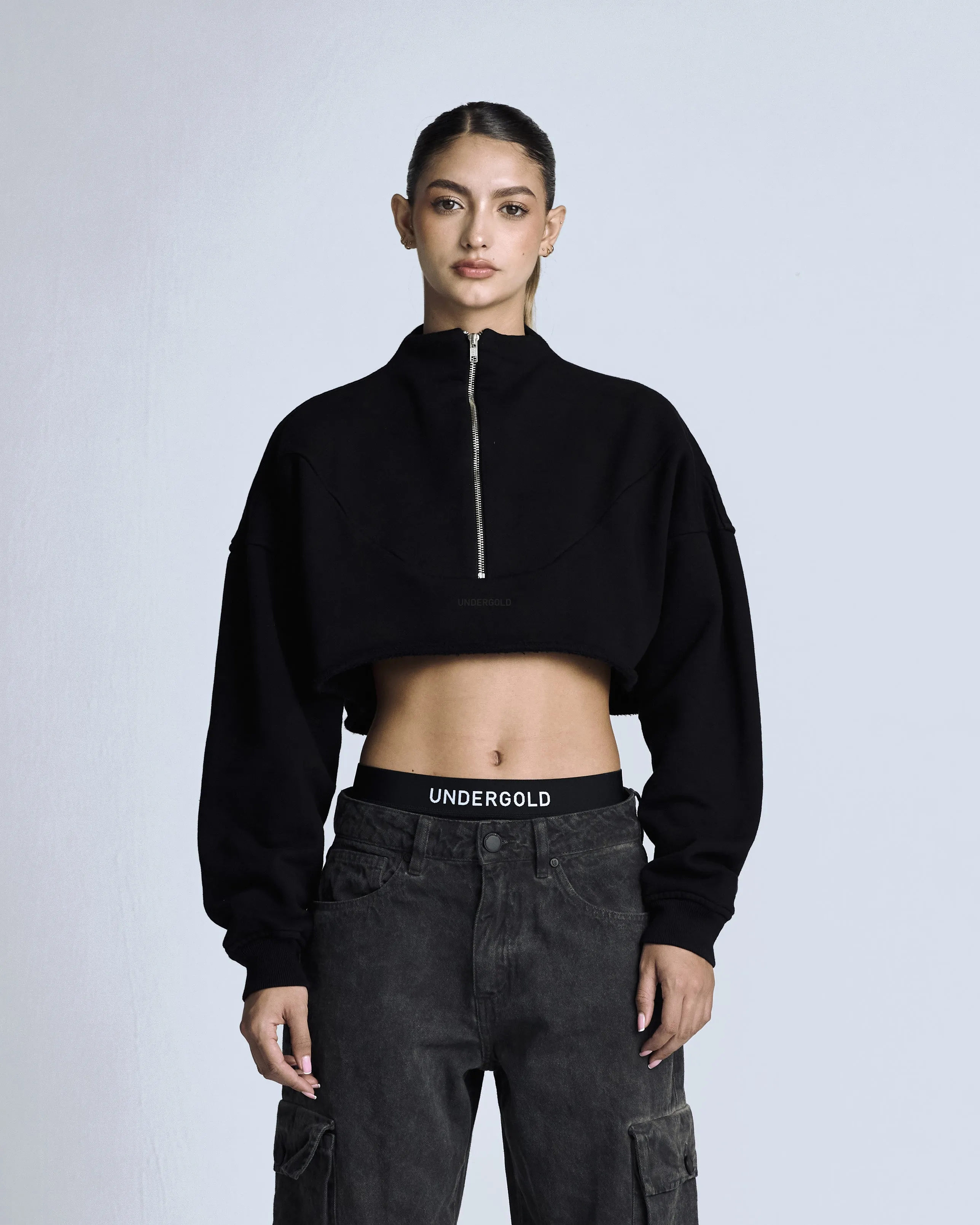 Line Logo Cropped Zip up Crewneck Black