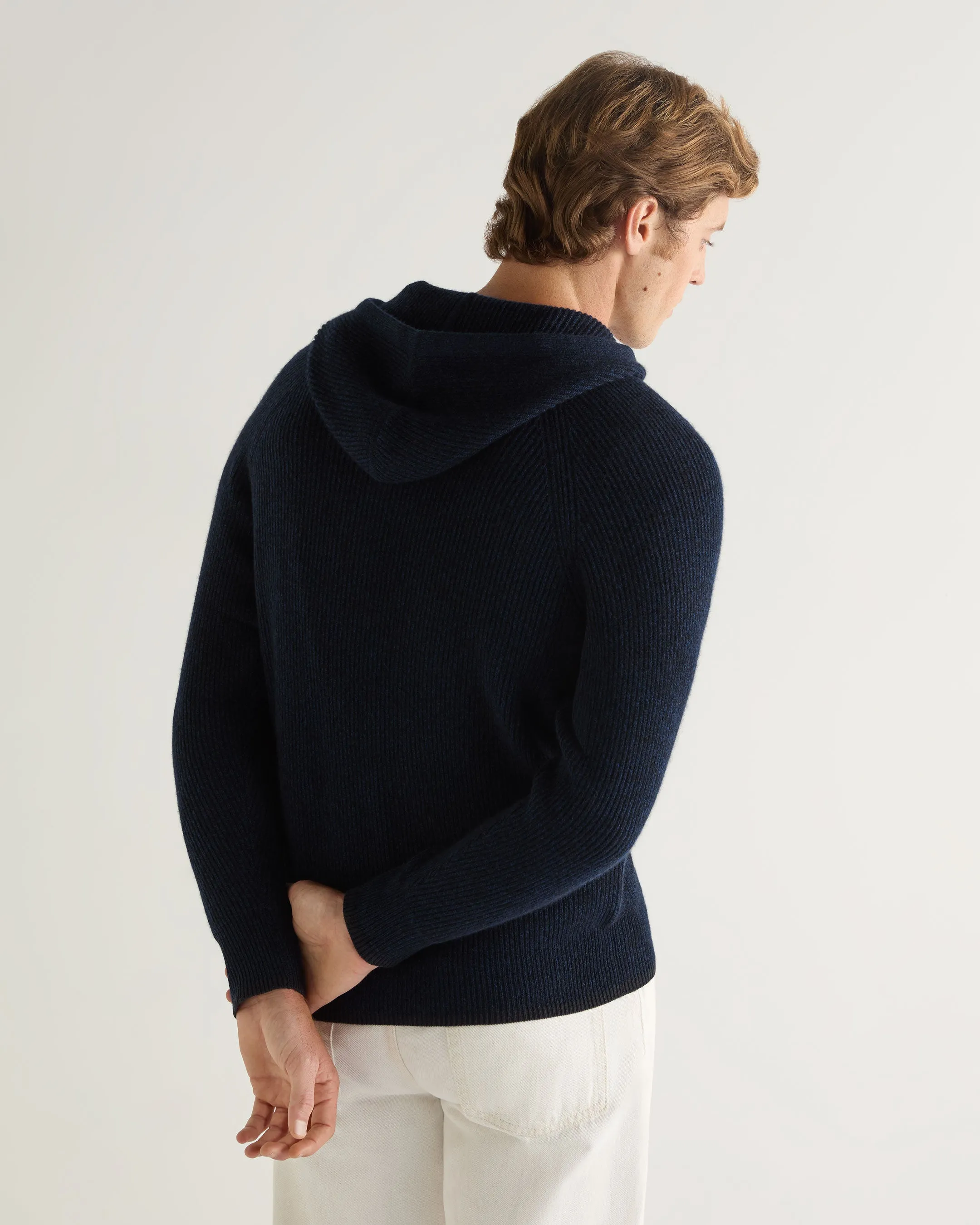 Men's Balham Rib Hooded Cashmere Sweater Navy Blue Melange