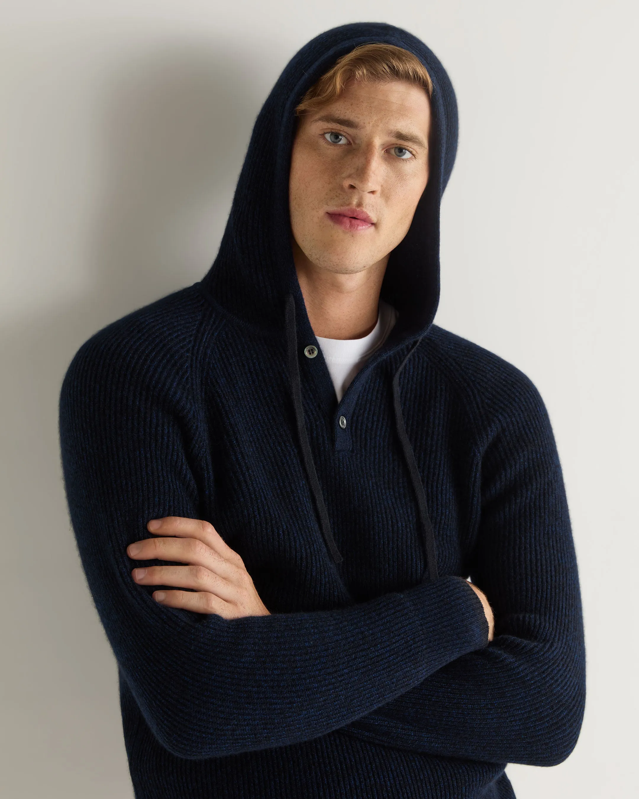 Men's Balham Rib Hooded Cashmere Sweater Navy Blue Melange