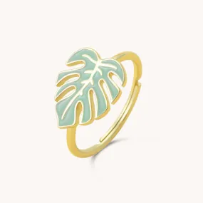 Monstera Green Adjustable Gold Ring