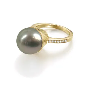 Tahitian Pearl Ring with Diamond Shoulders