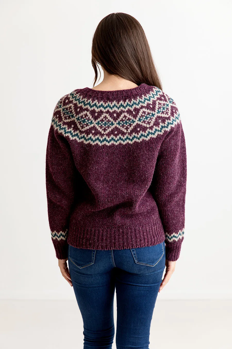 Womens Chunky Finnieston Yoke Fair Isle Jumper - Aubergine