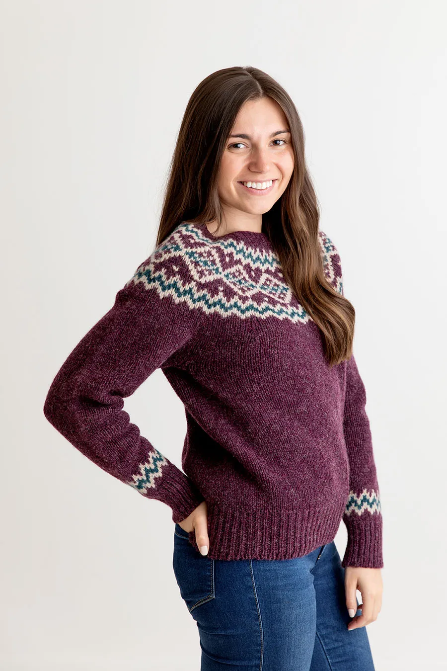 Womens Chunky Finnieston Yoke Fair Isle Jumper - Aubergine