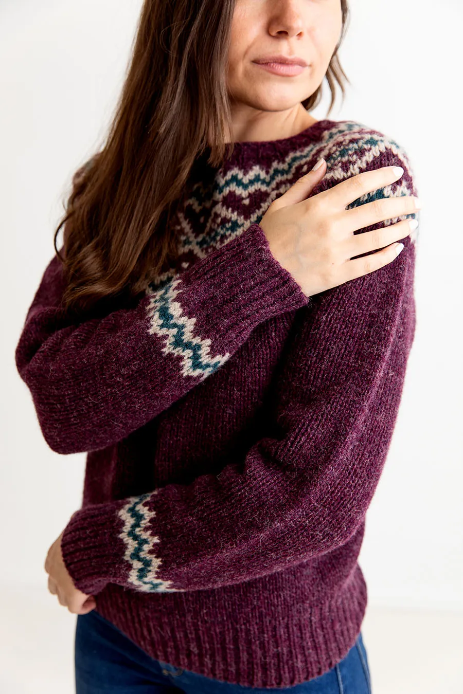 Womens Chunky Finnieston Yoke Fair Isle Jumper - Aubergine